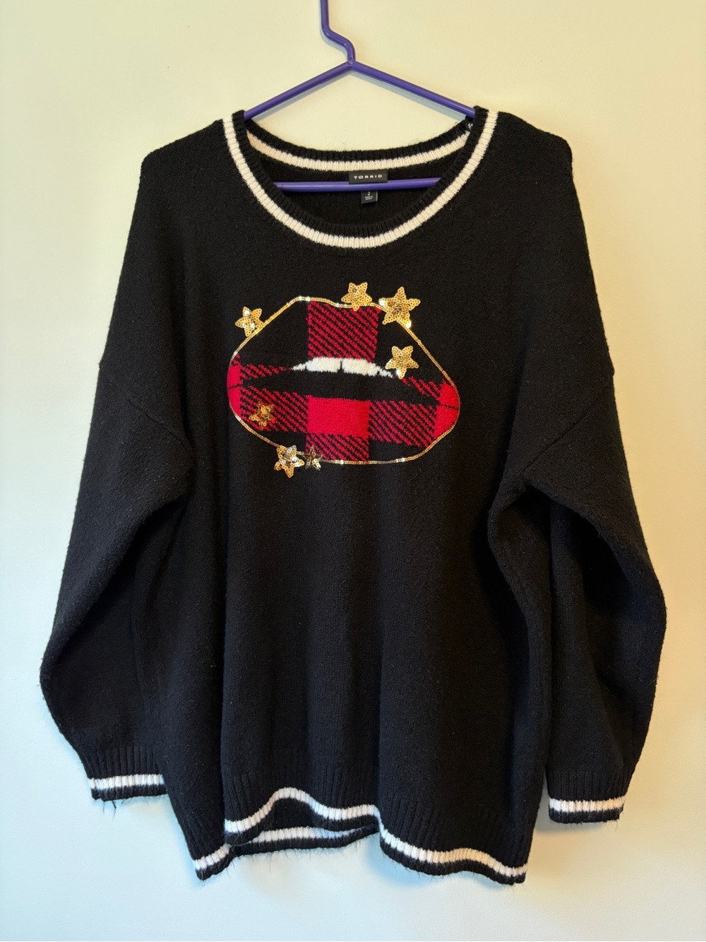 Torrid Size 2 Plus Buffalo Plaid Lips Sequin Fuzzy Knit Sweate